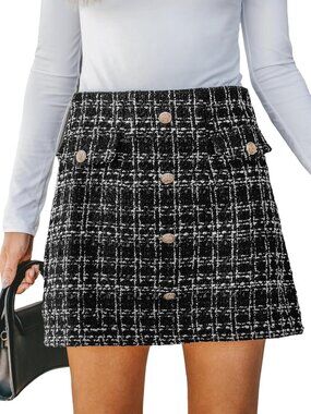 High Waist Mini Skirt with Button Front, Tweed Plaid Design, Chic & Stylish